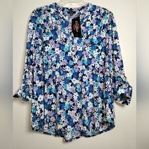Cocomo Woman (Sz 2X) Multicolor Floral V-Neck Button Roll Tab SS Top (NEW-NWT)